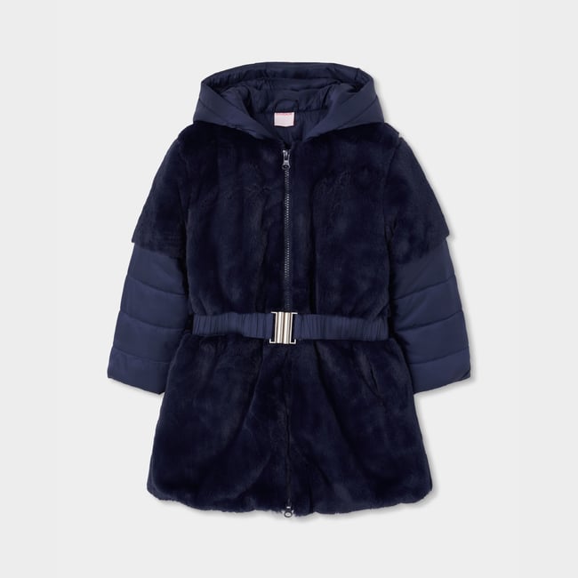 Parka fille en tissu technique avec ceinture bleu <span itemprop=