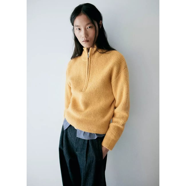 Pull-over col roulé fermeture Éclair moutarde <span itemprop=
