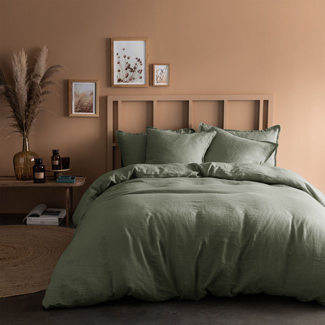 Housse de couette unie, LIN LAVÉ lichen <span itemprop=