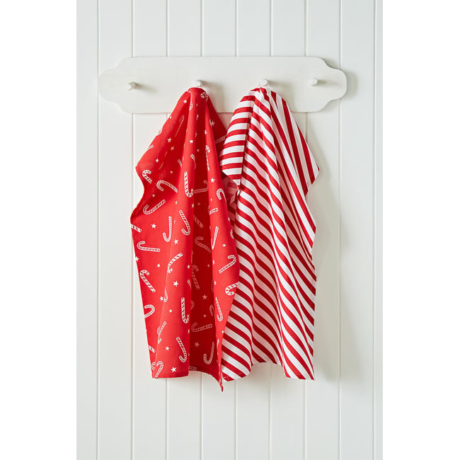 Set of 4 Christmas Candy Cane Tea Towels, red, CATHERINE LANSFIELD