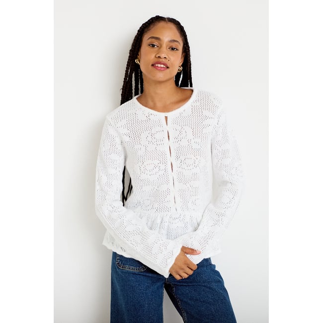 Pull ajouré péplum manches longues ecru <span itemprop=