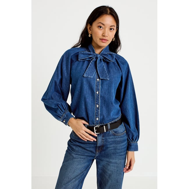 Chemise ample en jean col montant denim stone <span itemprop=