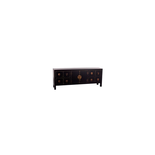 Buffet Chinoiserie en Bois Noir et Doré 1 Porte et 8 Tiroirs Couleur noir <span itemprop=
