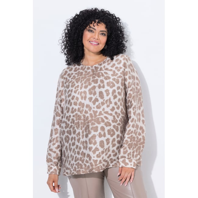Blouse à enfiler, motif léopard mastic foncé <span itemprop=
