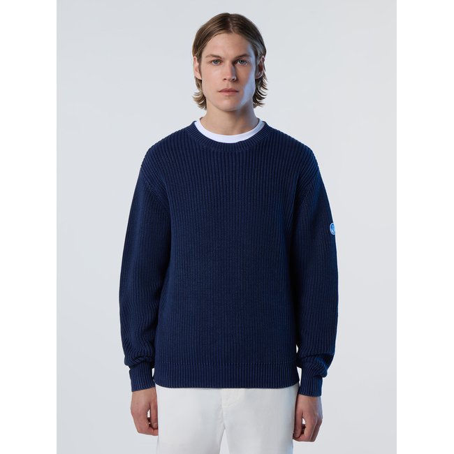 Pull côtelé à col ras-du-cou bleu marine <span itemprop=