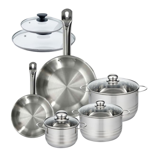 2 poêles 20/28cm + 3 faitouts 16/20/24cm ETERNA BRILLANT inox <span itemprop=