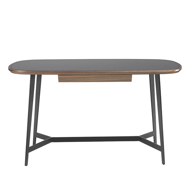 Bureau en noyer et acier avec plateau en verre Couleur noyer | noir <span itemprop=