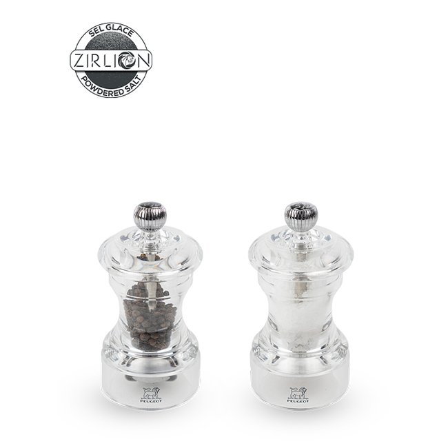 Duo de moulins à poivre et à sel manuels en transparent <span itemprop=