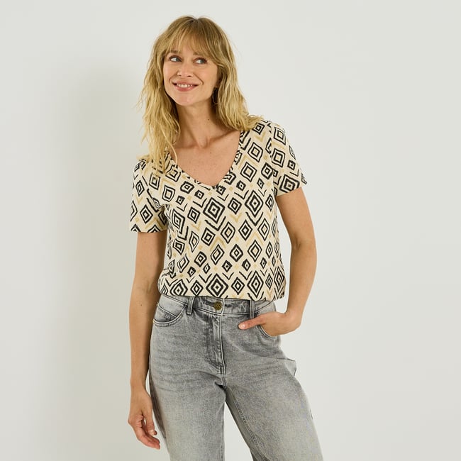 T-shirt col V imprimé géométrique blanc cassé ecru <span itemprop=
