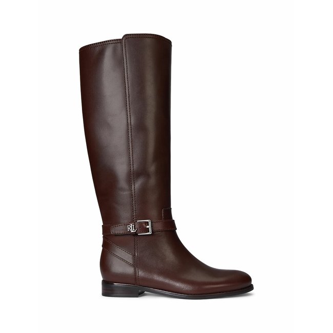 Brooke Knee-High Boots in Smooth Leather with Flat Heel, chocolate, LAUREN RALPH LAUREN