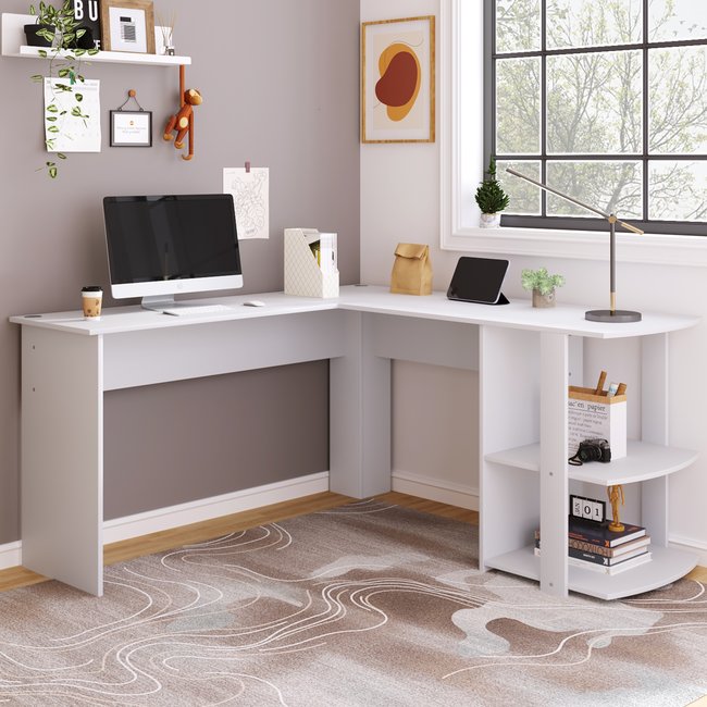 Bureau d’angle avec rangement, BABERD Couleur blanc <span itemprop=