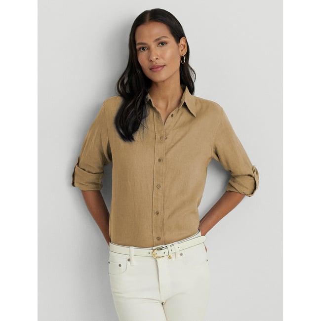 Chemise en lin manches longues beige <span itemprop=