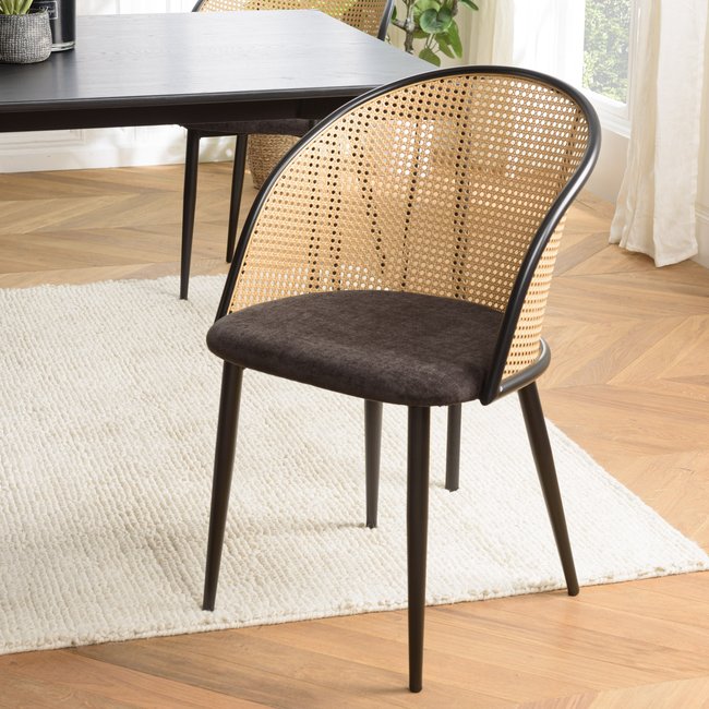 Fauteuil de table assise velours noir dossier cannage arrondi (lot de 2) LOANO Couleur noir <span itemprop=