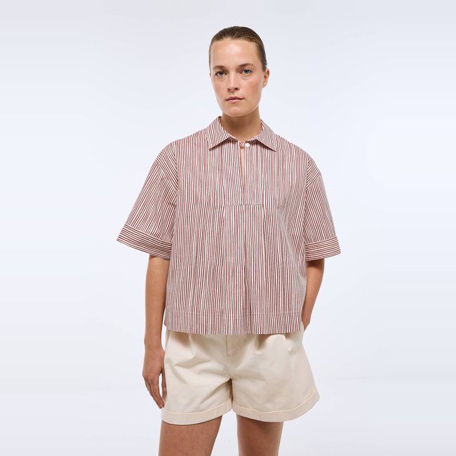 Blouse manches courtes rayée en coton BIO GOTS rouge <span itemprop=