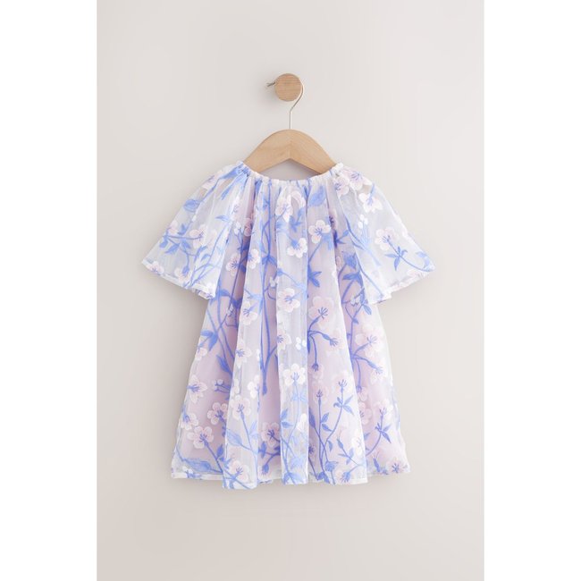 Robe brodée en maille rose/bleu <span itemprop=