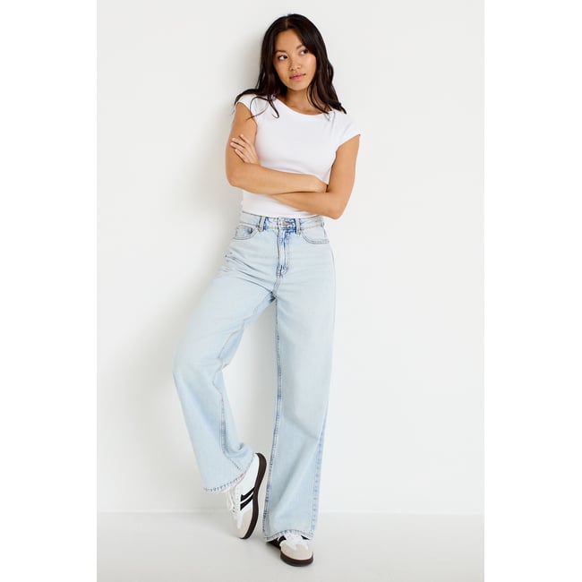 Jeans wide leg taille haute denim bleach <span itemprop=