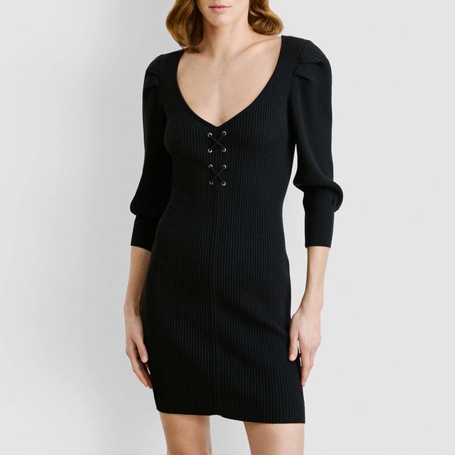 Robe Courte Côtelée À Col En V noir <span itemprop=