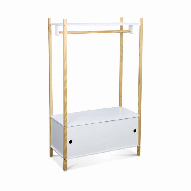Penderie enfant bois massif 2 portes coulissantes avec portant TOBIAS Couleur blanc <span itemprop=