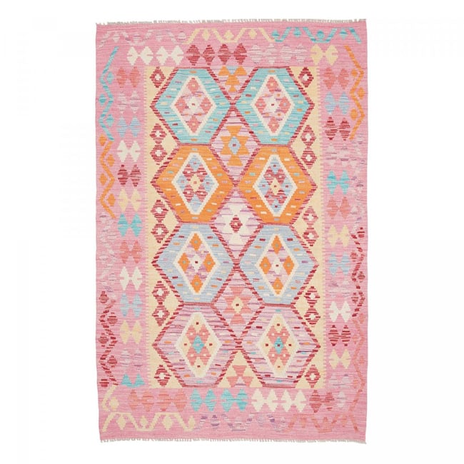 Tapis kilim, motif géométrique, tissé plat en laine naturelle Couleur rose, bleu, orange <span itemprop=
