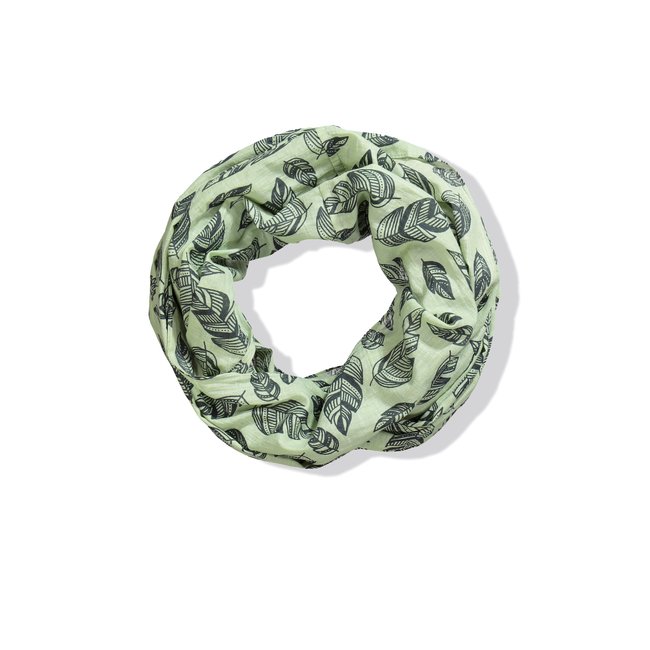 Foulard tubulaire motif plumes pistache <span itemprop=