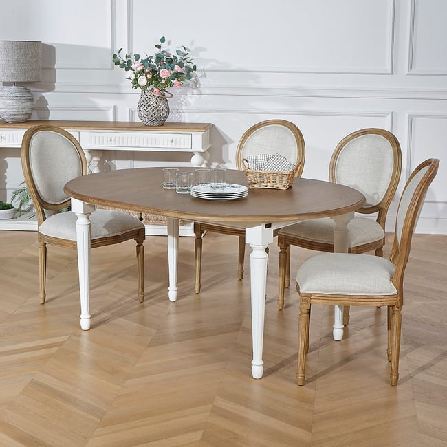 Table ronde en chêne 1 rallonge 4/6 couverts ARLINGTON Couleur blanc <span itemprop=