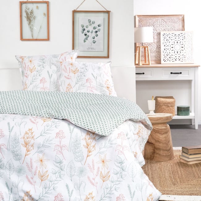 Parure de lit imprimé Floral coton SUNSHINE THEA blanc <span itemprop=