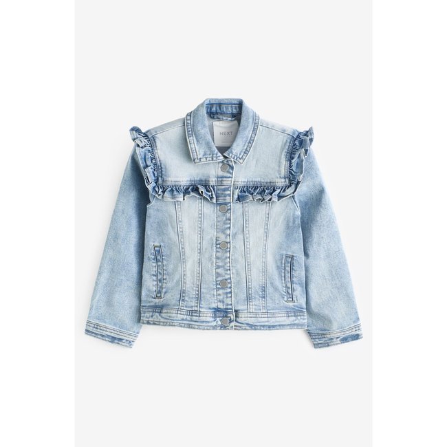 Veste en jean à volants à col polo bleu moyen <span itemprop=