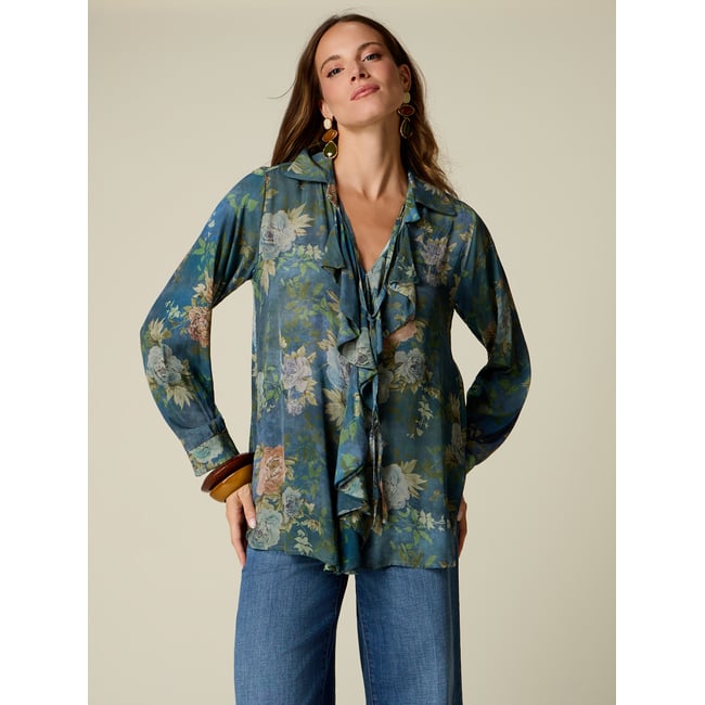 Blouse fantaisie à volants bleu <span itemprop=