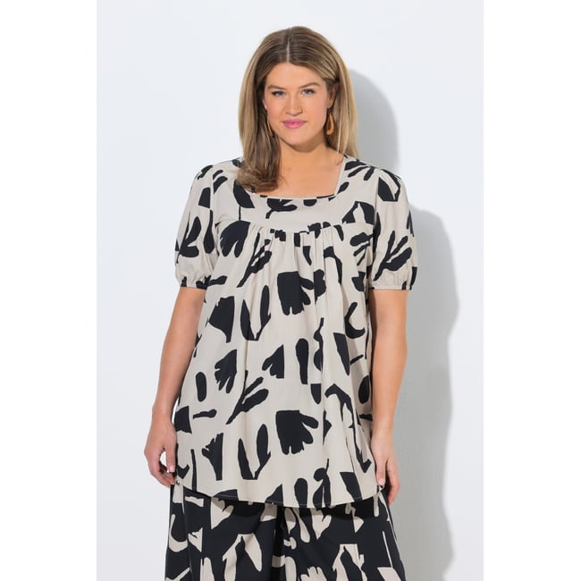 Tunique, fleurs, col carré, manches courtes crème <span itemprop=
