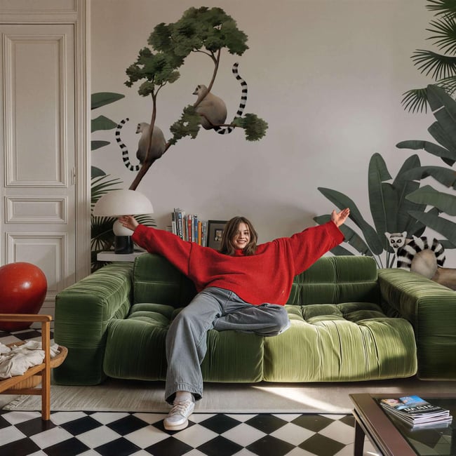 Papier peint panoramique et jungle avec lémuriens sur arbres et cascade - 85x260 cm (l x h) - LA TOUCHE ORIGINALE