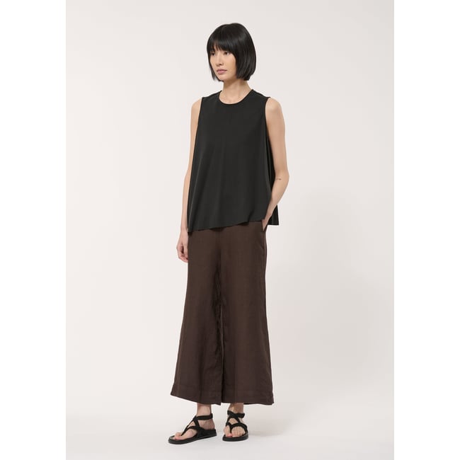 Pantalon cropped en lin chocolat <span itemprop=