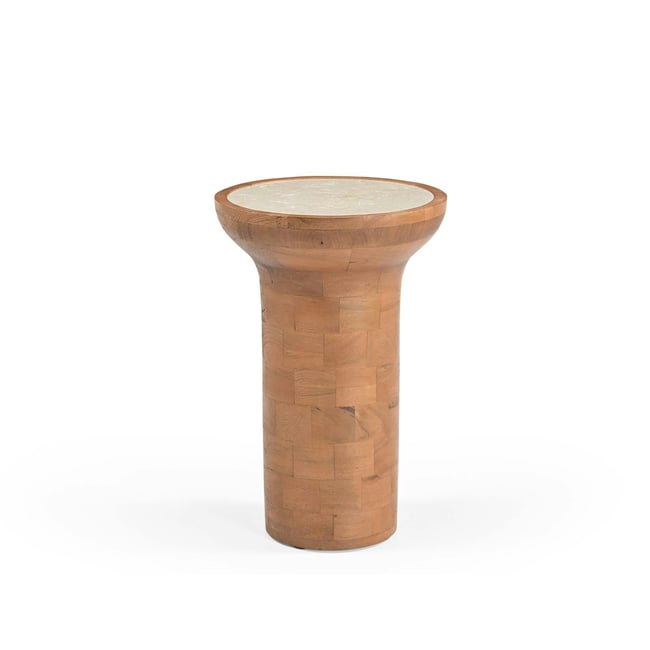 Bout de canapé travertin et lamelles bois DUOMO Couleur bois naturel <span itemprop=