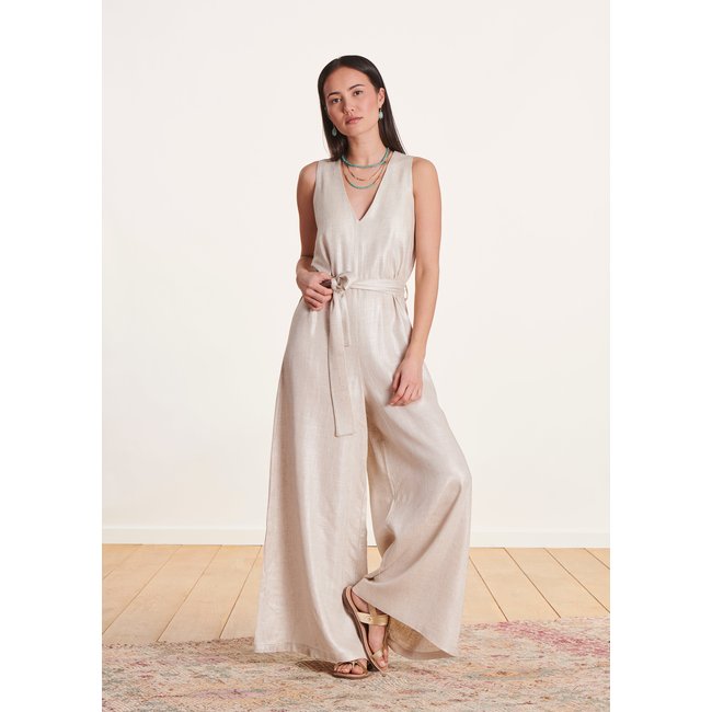 Combinaison pantalon en lin sans manches gris beige <span itemprop=