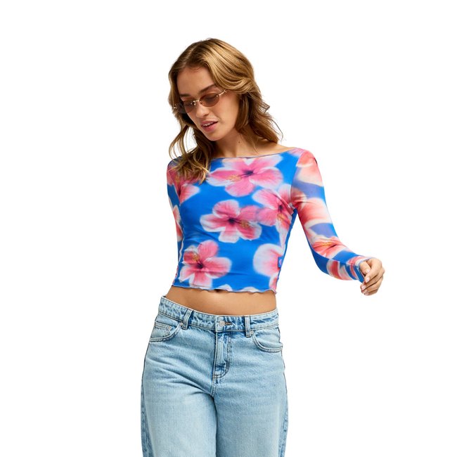 Haut transparent à manches longues MAKE IT BOLD. bleu super sonic hibiscus daze <span itemprop=