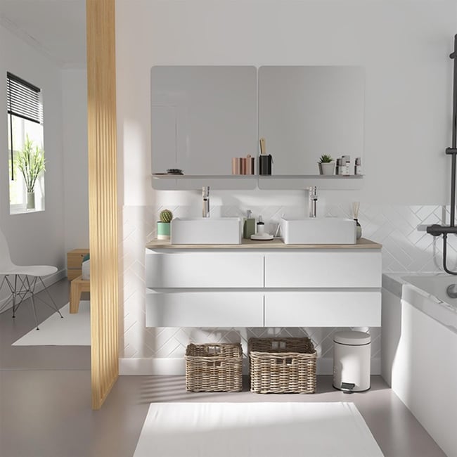 Ensemble meuble double vasque 120cm + robinet + miroir SORRENTO Couleur blanc brillant <span itemprop=