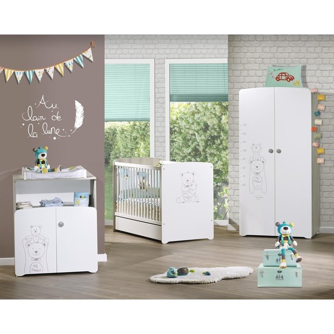 Chambre trio lit et Commode et Armoire en bois Couleur teddy <span itemprop=
