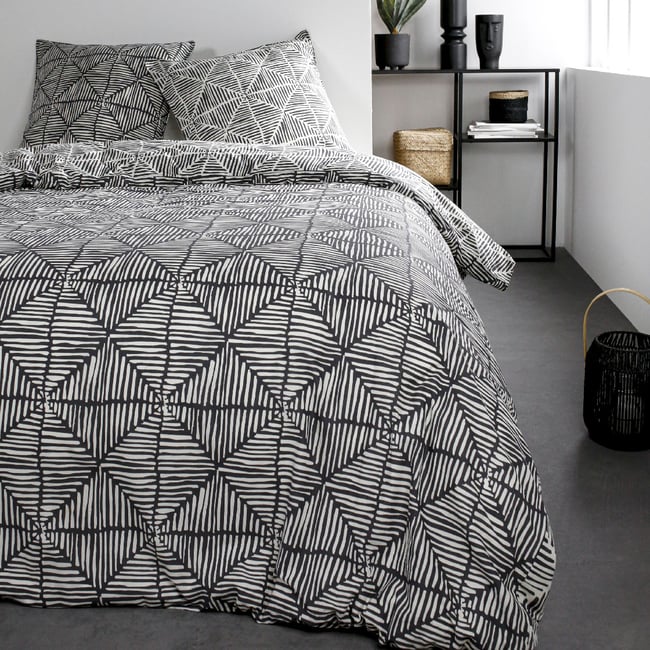 Parure de lit coton 2 personnes imprimé graphique SUNSHINE blanc <span itemprop=
