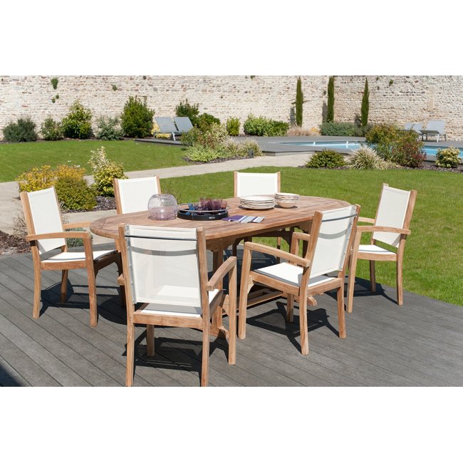 Salon de jardin table d'extérieur extensible ovale 180/240x100cm 6 fauteuils en bois de teck et tissu SUMMER bois naturel <span itemprop=