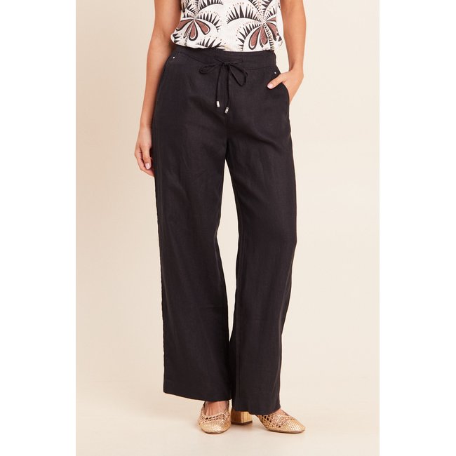 Pantalon large taille haute aspect lin noir <span itemprop=