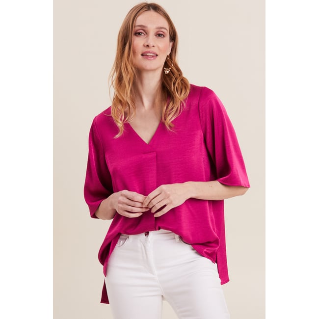 Blouse manches 3/4 satin rose fushia <span itemprop=