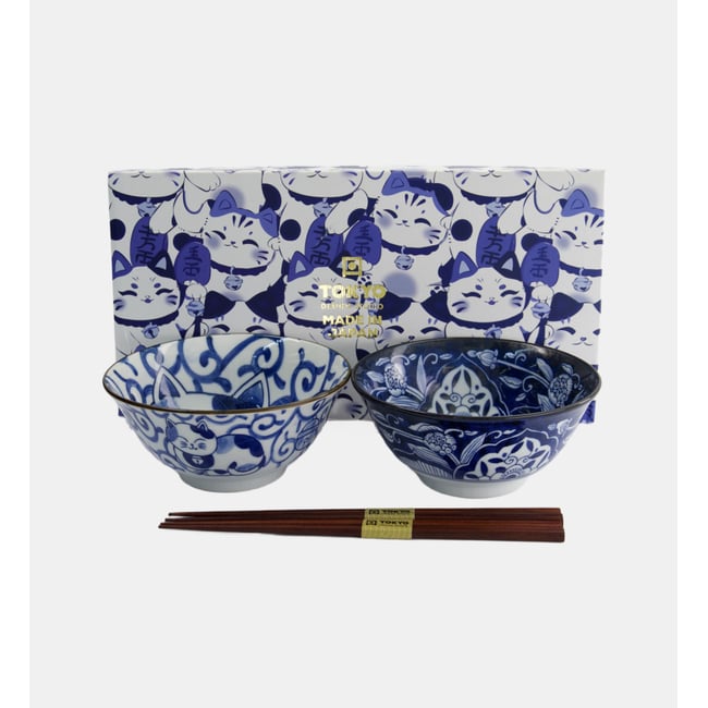 Coffret de 2 bols tayo et 2 paires de baguettes - chat Couleur bleu et blanc <span itemprop=