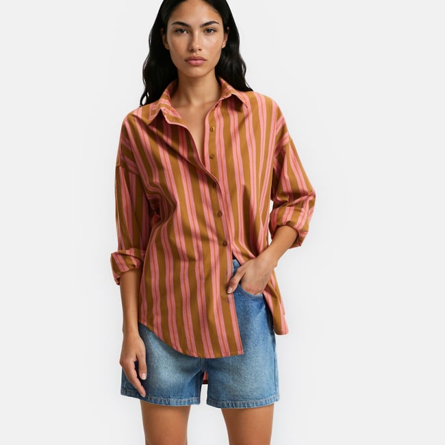 Signatures Apolline Striped Cotton Loose Fit Shirt, pink/camel stripe, LA REDOUTE COLLECTIONS