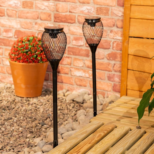 Set of 2 solar powered outdoor metal cage garden spike lights
