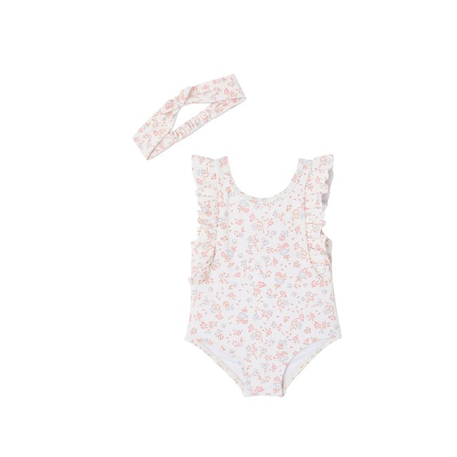 Ensemble de bain bébé maillot et bandeau écru <span itemprop=
