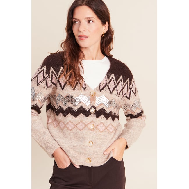 Cardigan jacquard col rond marron <span itemprop=