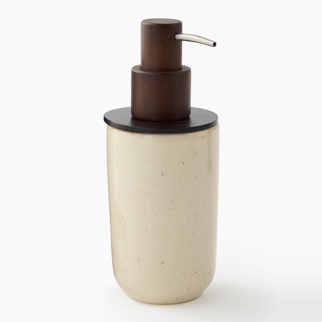 Distributeur de savon, 19x7,5x7,5cm, en céramique et bois Couleur beige <span itemprop=