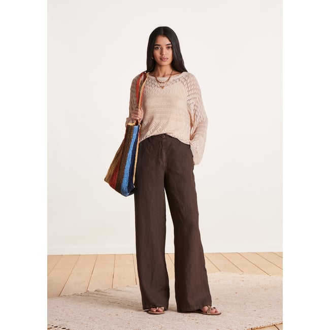 Pantalon droit et large en lin taille haute baobab <span itemprop=