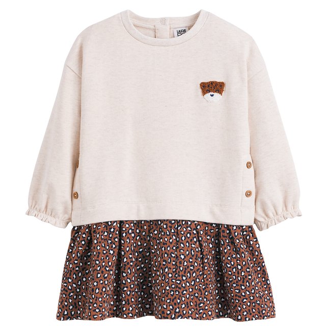 Vestido de manga larga efecto 2 en 1 bimaterial beige jaspeado <span itemprop=