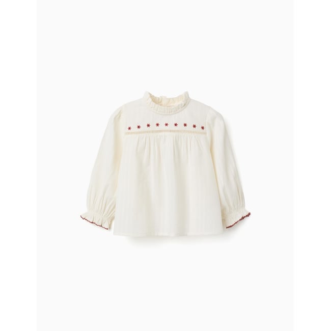 Chemise en coton à manches longues avec fleurs et volants blanc <span itemprop=