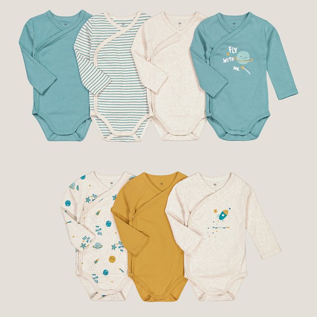 Lote de 7 bodies de recién nacido de manga larga beige + azul + amarillo <span itemprop=